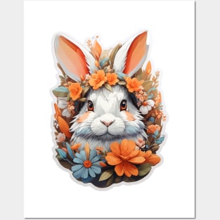 Cute Rabbit Head With Fantasy Flowers Splash Posters and Art